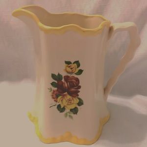 Hand Crafted Pitcher Vase Ceramic White Yellow Trim Floral Roses
